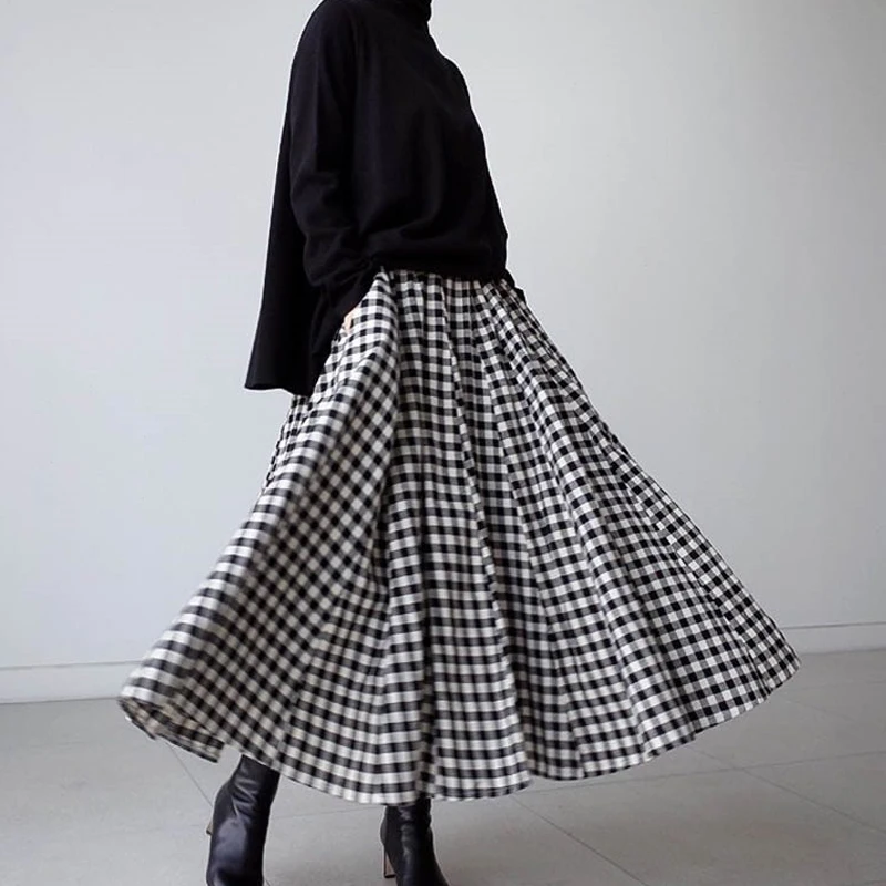 

Женская клетчатая юбка средней длины, юбка-трапеция в стиле ретро, юбка-зонтик выше колена, модная юбка в Корейском стиле