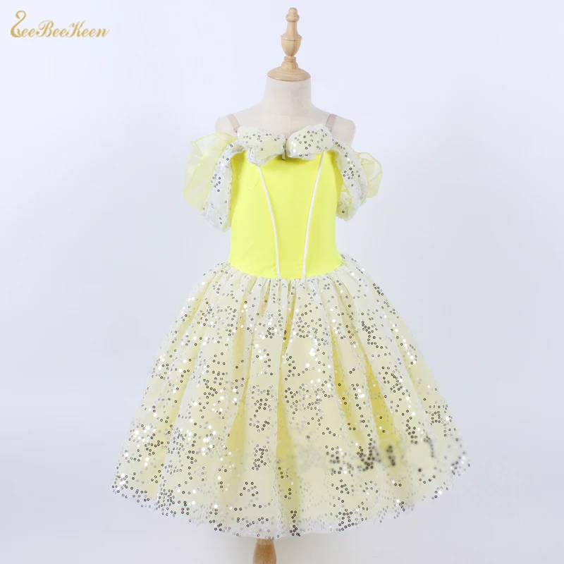 Женский сценический костюм с желтыми блестками балерина профессиональное