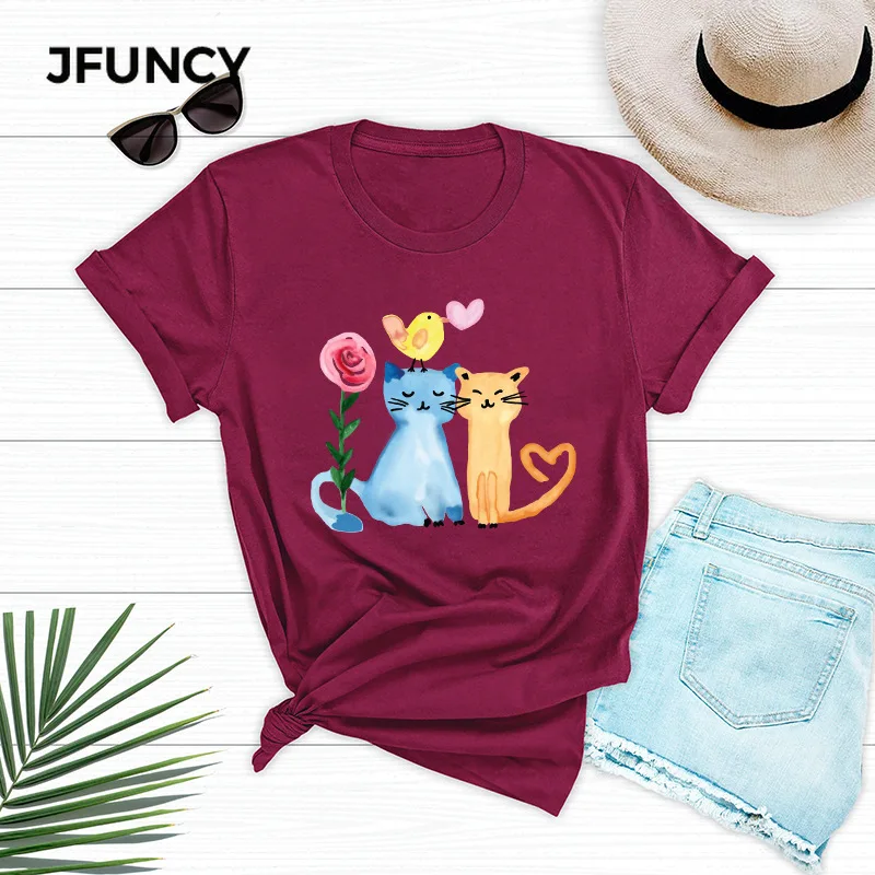 JFUNCY 100% хлопок женская футболка с принтом счастливые кошки летние женские