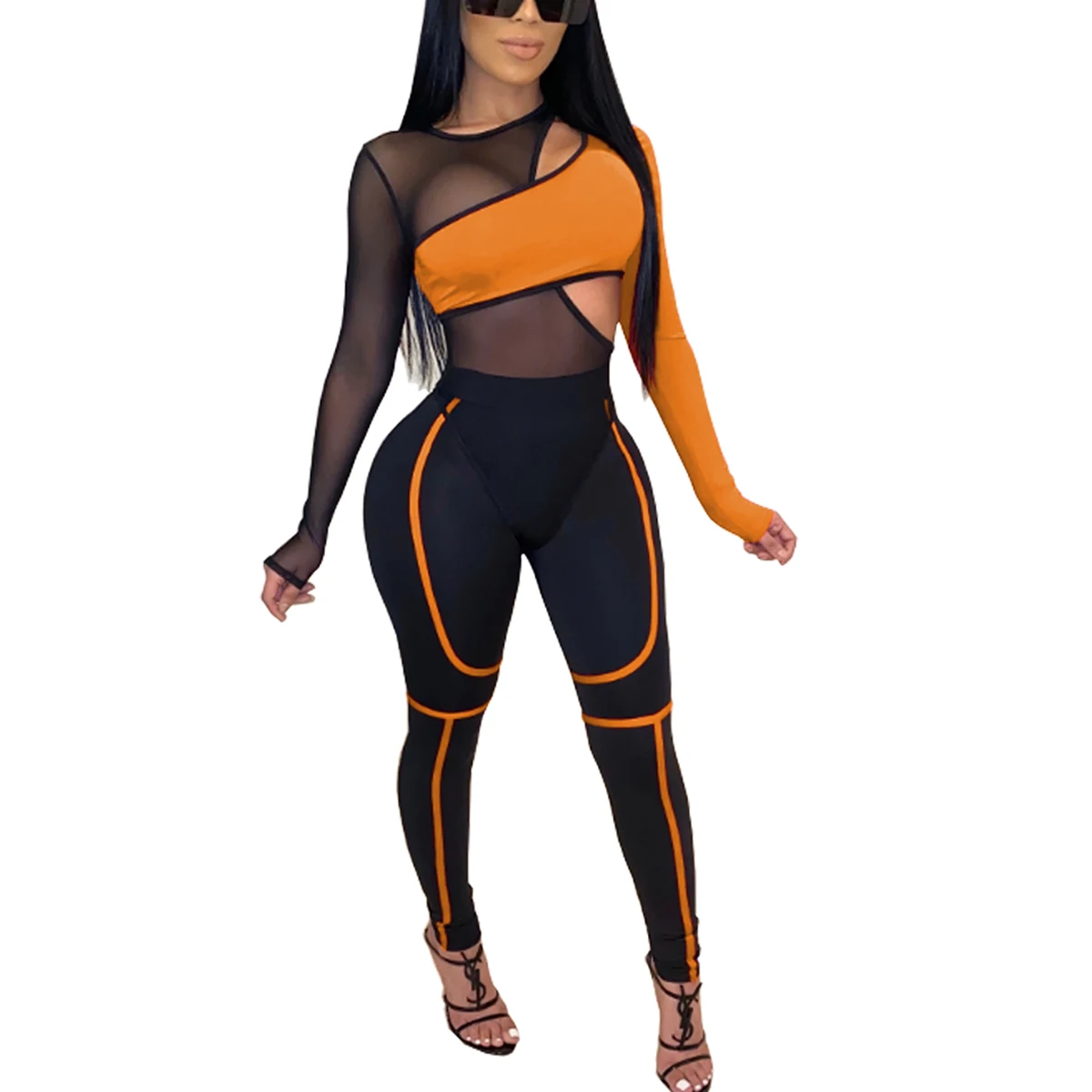 

New 2Pcs Set Women Outfit Sets Long Sleeve Mesh Bodysuit Pants Sets Womens Two Piece Sets 2020 Streetwear Clothes Set Suit Set