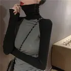 Женские футболки, Женский облегающий Топ контрастных цветов с высоким воротником и длинным рукавом, облегающая футболка, укороченный топ, женские футболки