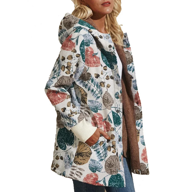 

Hooded Zipper Plush Print Long-sleeved Mid-length Women's Jacket 2021 Spring And Autumn New Fashion All-match Qm*