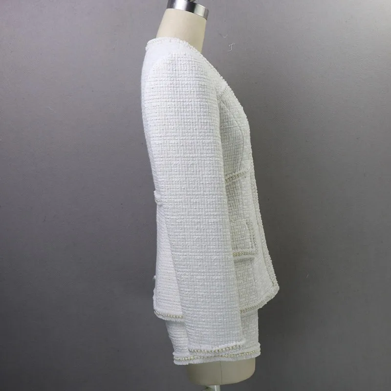 Women Sexy V Neck Tweed Jacket Pearls Bead White Coat Shors Two Piece Set Office Lady Party Ensemble Slim Fit Formal Outfits