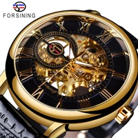 forsining men watches top brand luxury mechanical skeleton watch black golden 3d literal design roman number black dial clock