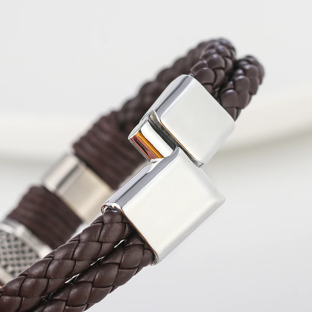 

High Quality Stainless Steel Charm Bracelet Braided Black Brown Genuine Leather Bracelet for Men's Hand Wristband Jewelry