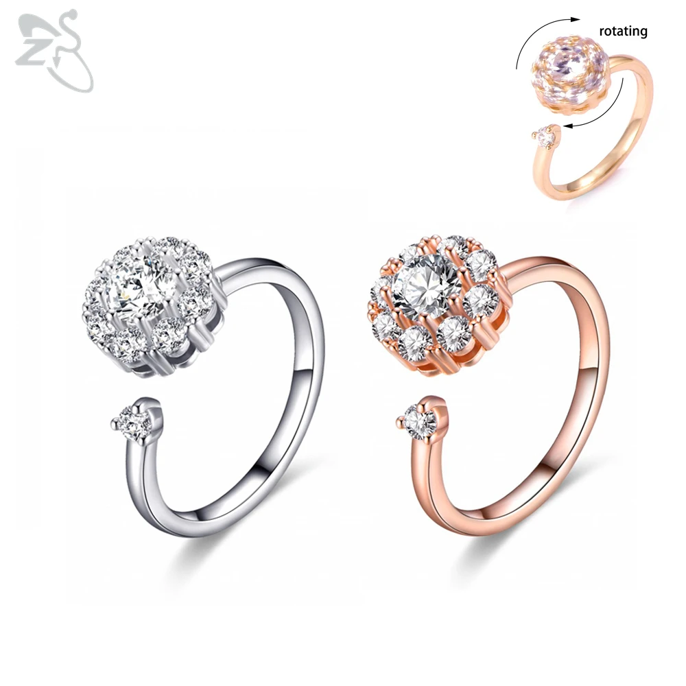 ZS Трендовое вращающееся кольцо с фианитом AAA для женщин и девочек открытые