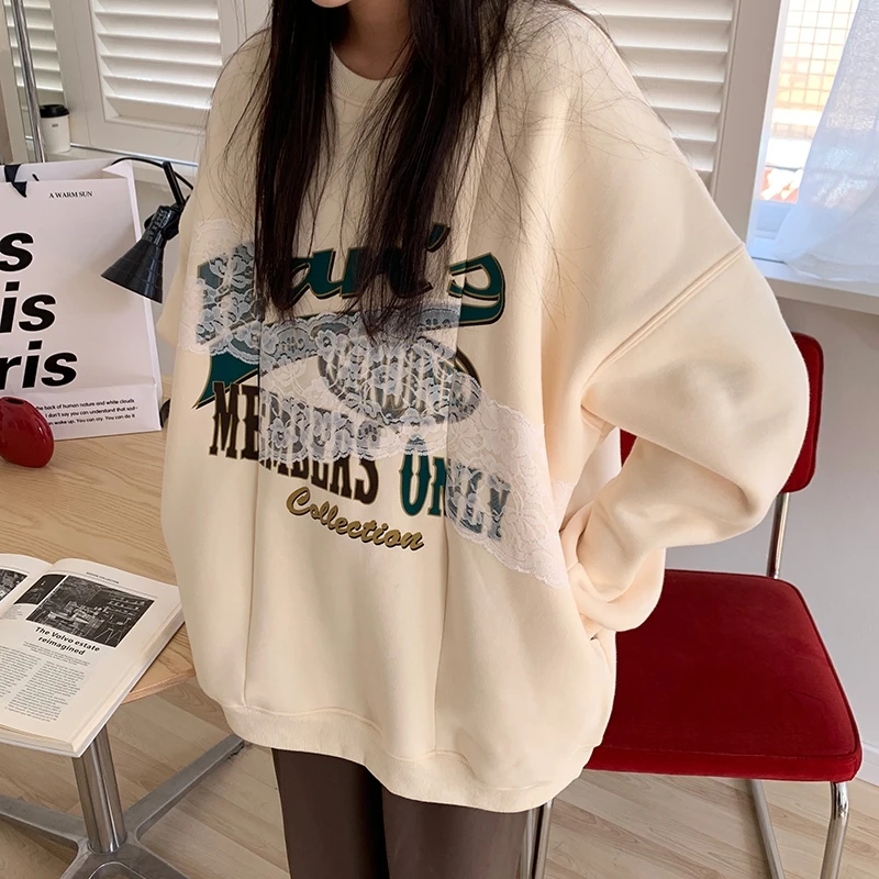 

Женский кружевной свитшот на весну и осень, новинка 2021, универсальный модный топ для студентов в Корейском стиле, свободная надпись