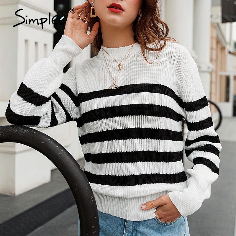 Simplee Fashion black white striped sweater Crew neck loose Long sleeve winter Pullover Casual home style Knitted sweaters 2020 | Женская