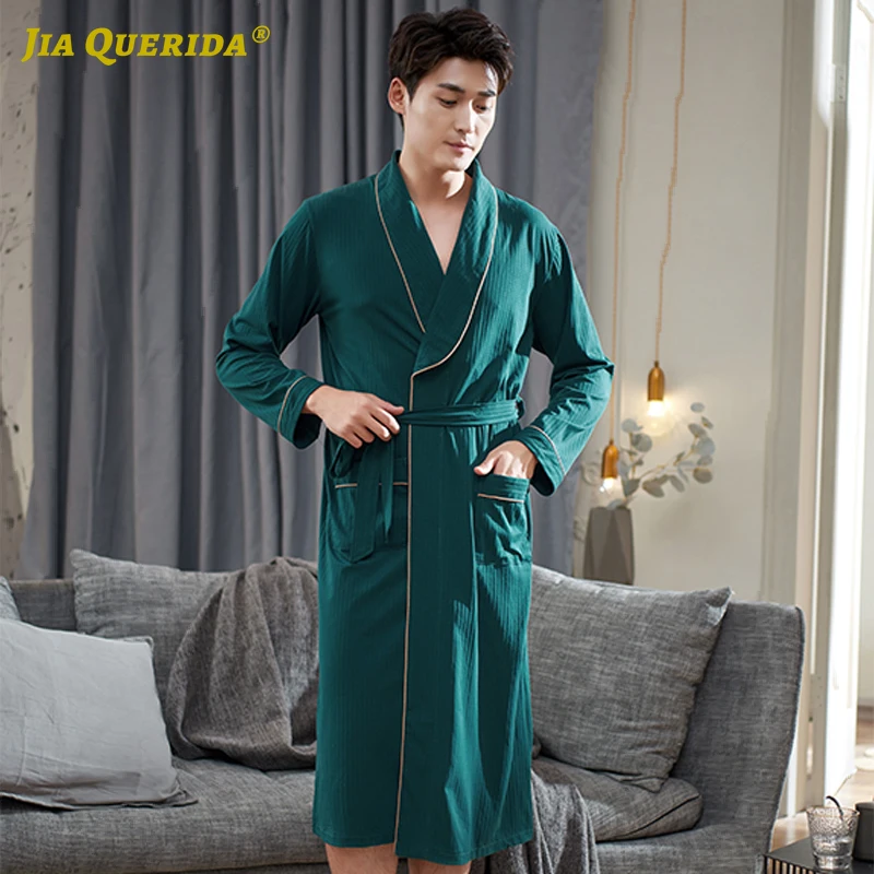 Модный мягкий однотонный халат с длинным рукавом новый зеленый мужской кимоно