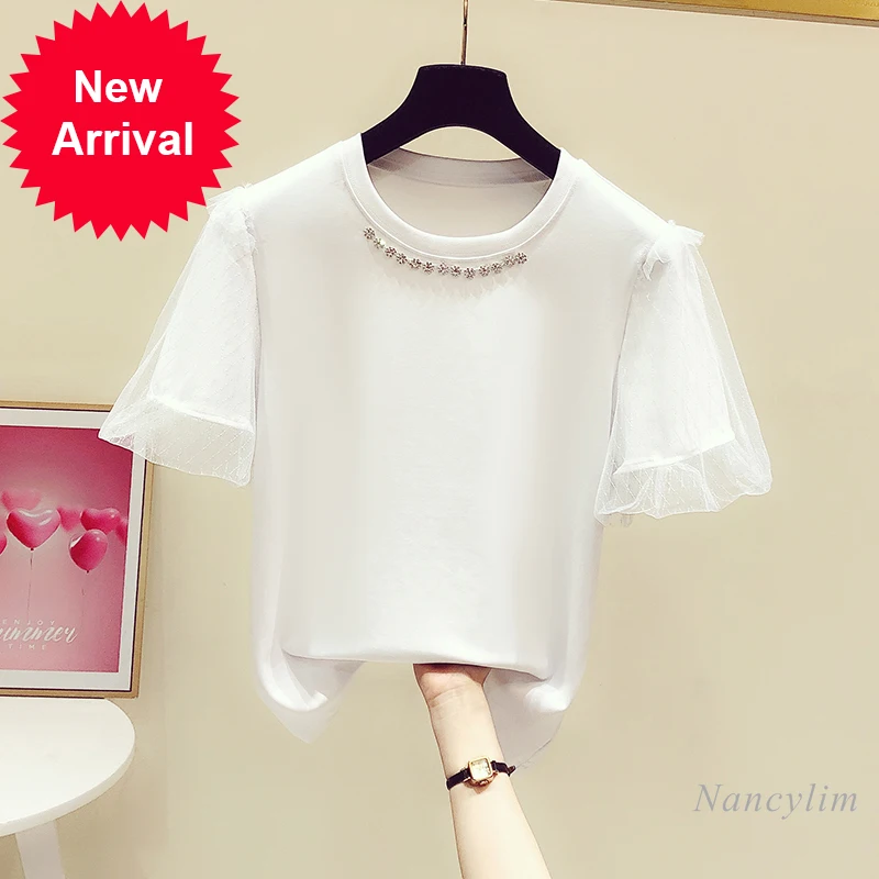 

Women White T Shirt 2021 Summer New Korean Style Temperament Mesh Puff Sleeve Diamond-Embedded Round Neck Top Camisetas De Mujer
