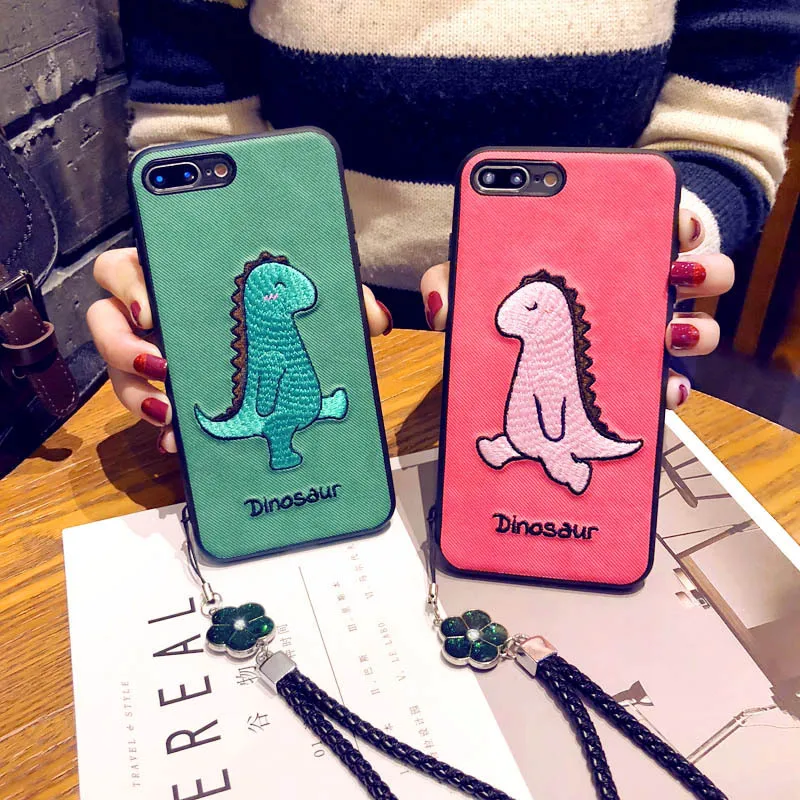 

Cartoon Cute Couples Dinosaur Phone Case for Iphone 11 Pro Max 12 Mini XR XS 8 X 7 Plus Animal Leather Embroider Silicone Cover