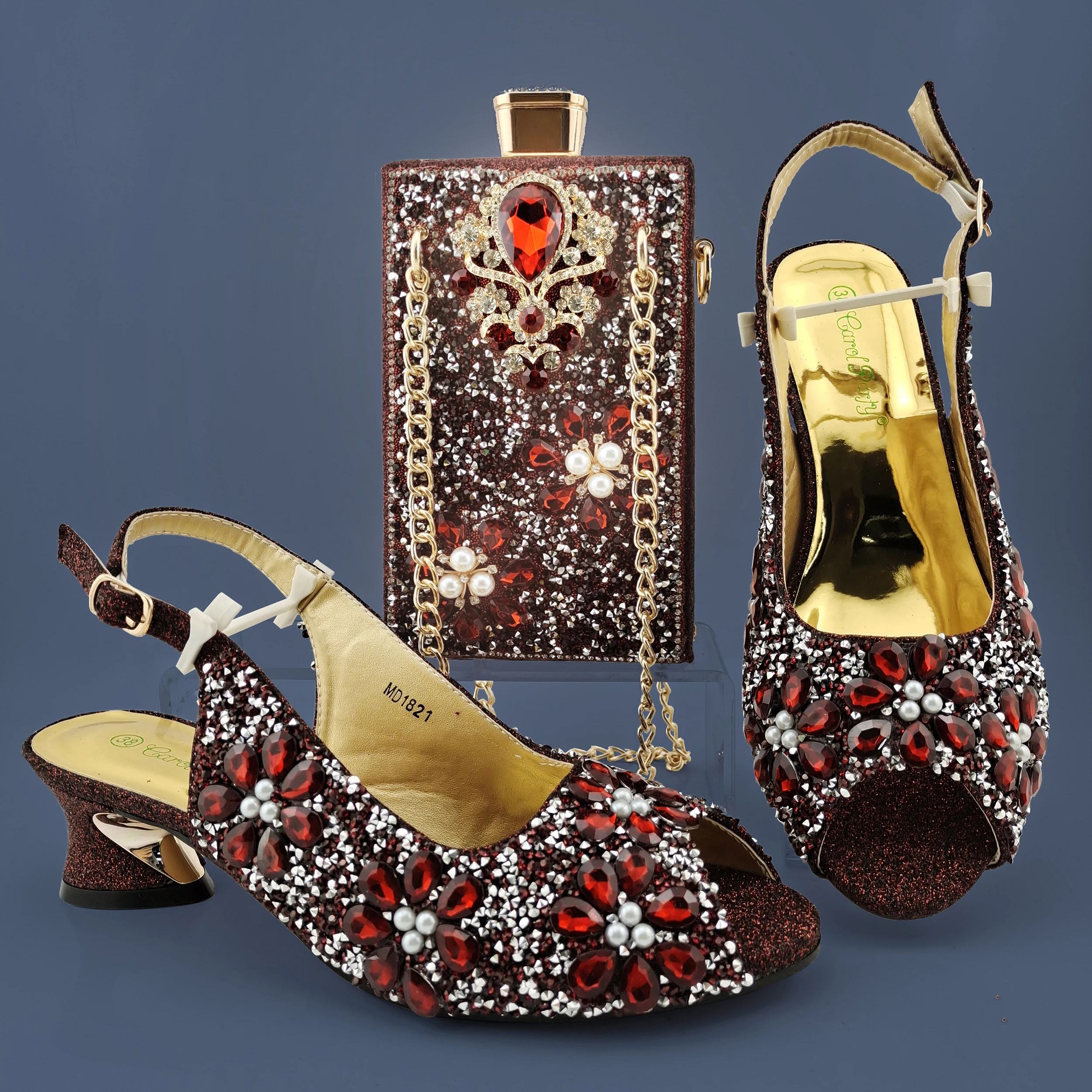 

QSGFC 2022 Wine Color Shiny Retro Alloy Mosaic Rhinestone Accessories Ladies Shoes and Bag Set for Party Wedding