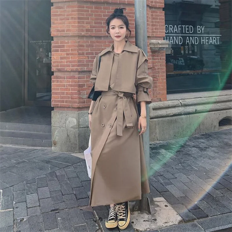 Spring and autumn women's trench coat long over-the-knee belt waist double-breasted clothes khaki женская одежда Пончо casaco