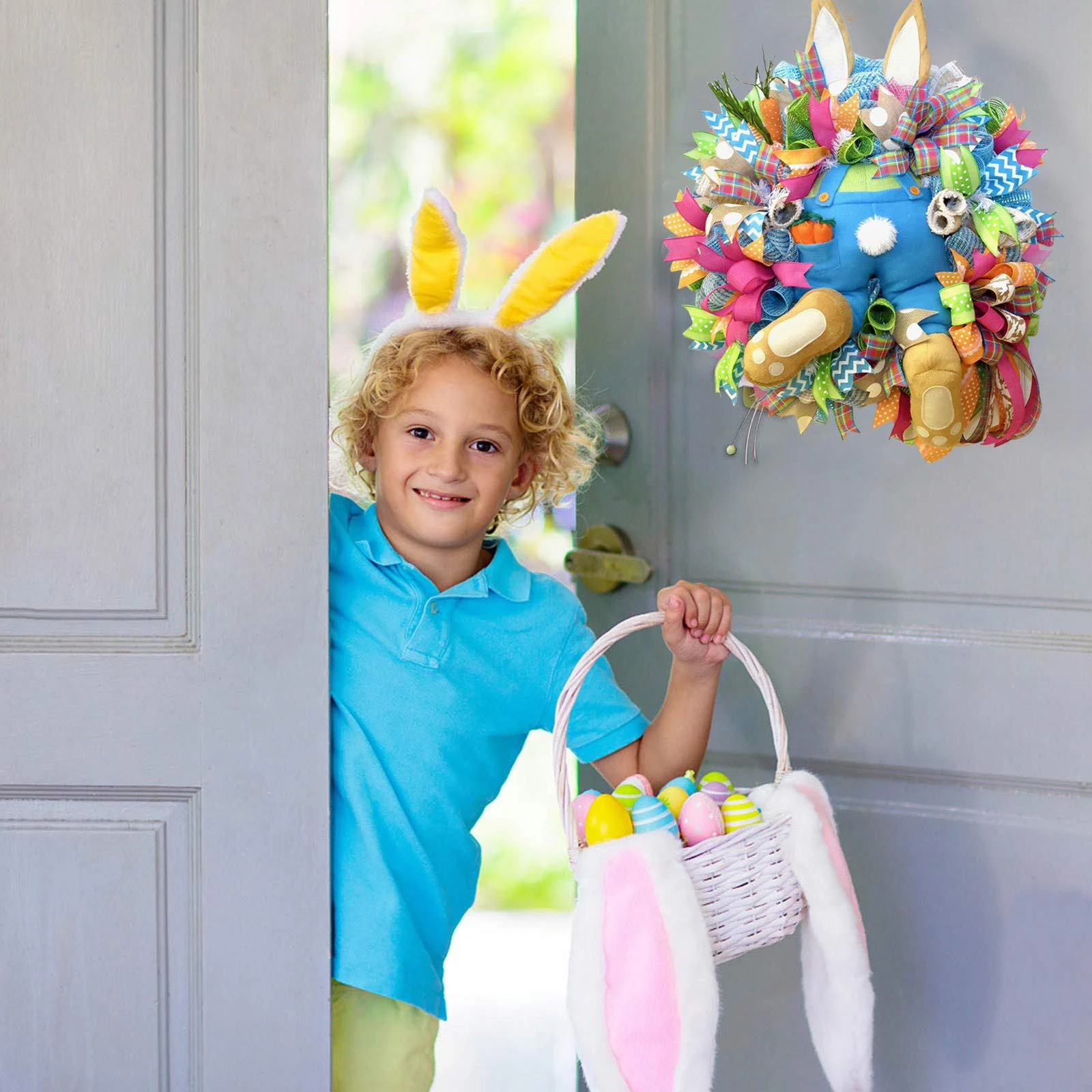 

DIY Easter Bunny Front Door Decoration Wreath Funny Rabbit Cartoon Animal Ornaments Colorful Cute Fun Rabbit Garland Wreath