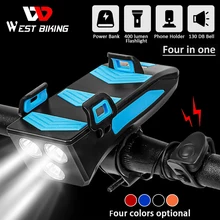 WEST BIKING 4 In 1 Bike Lamp Front Horn Light Phone Holder Alarm Bell Power Bank MTB Cycling LED Flashlight Bike Accessories
