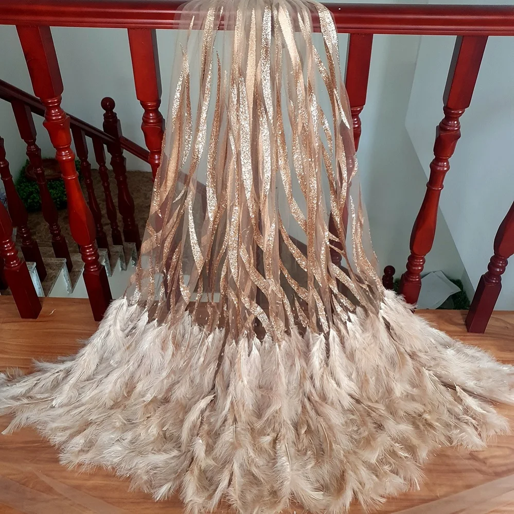 

Champagne Gray White Feather French Nigerian African Fabric For Design Couture Diy Sewing Wedding Dress Prom Gown Width 150cm