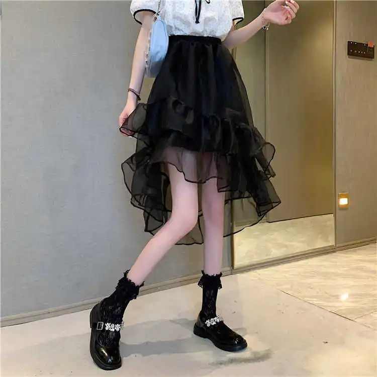 

Super sweet and spicy irregular skirt women's summer design niche French Hepburn mesh black A-line skirt[Finished on June 2]