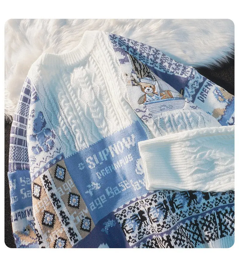

Harajuku Bear Graphic Sweater Men 2021 Winter Warm Knitted Sweater for Men O-neck Hip Hop Pullover Caouple Sweaters S072