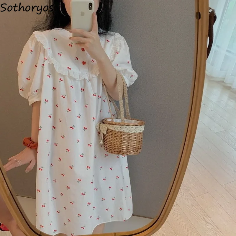 

Ins Fashion Summer Nightgowns Women Tender Straight Mid-calf O-neck Nightdress Loose Sweet Cherry Print Princess Homewear Lounge