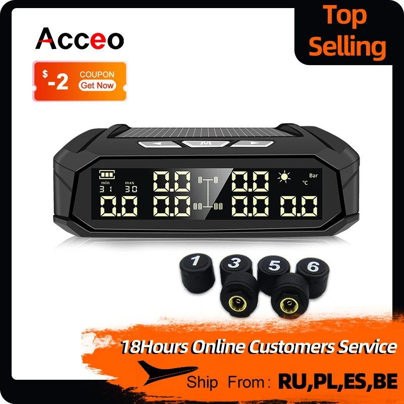 

Беспроводной датчик давления в шинах Acceo K11 TPMS, цифровой дисплей на солнечной энергии, датчик давления в шинах с поддержкой 6 внешних датчико...
