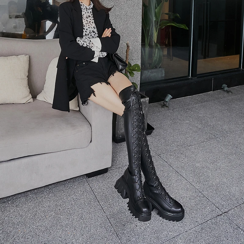 Beli Musim Semi Dan Musim Gugur 2020 Serbaguna Baru Leisure High Boots Fashion Martine Sepatu Bot Sepatu Bot Di Atas Lutut Renda-Up Paha Sepatu Bot Tinggi X542