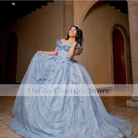 cinderalla sky blue quinceanera dress 2022 sequins appliques lace ball gown prom gowns mexican girl birthday party gowns