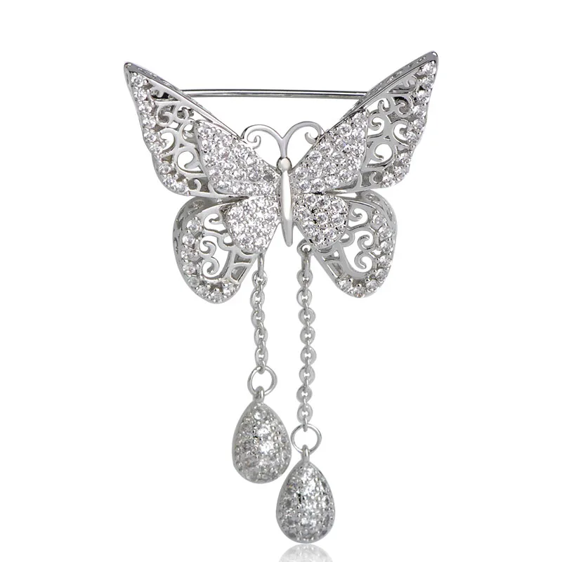silver Blucome кубический циркон Двойная Бабочка Женские Броши Роскошный кисточкой кулон животное Медь Брошь Свадебная вечеринка декоративные шпильки - Окраска металла: silver