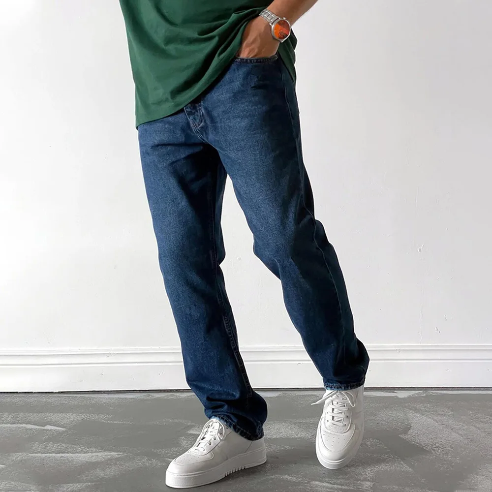 

Джинсы мужские прямые всесезонные, хлопок, карманы, полиэстер, деним, повседневные однотонные классические брюки, Базовая длина снизу