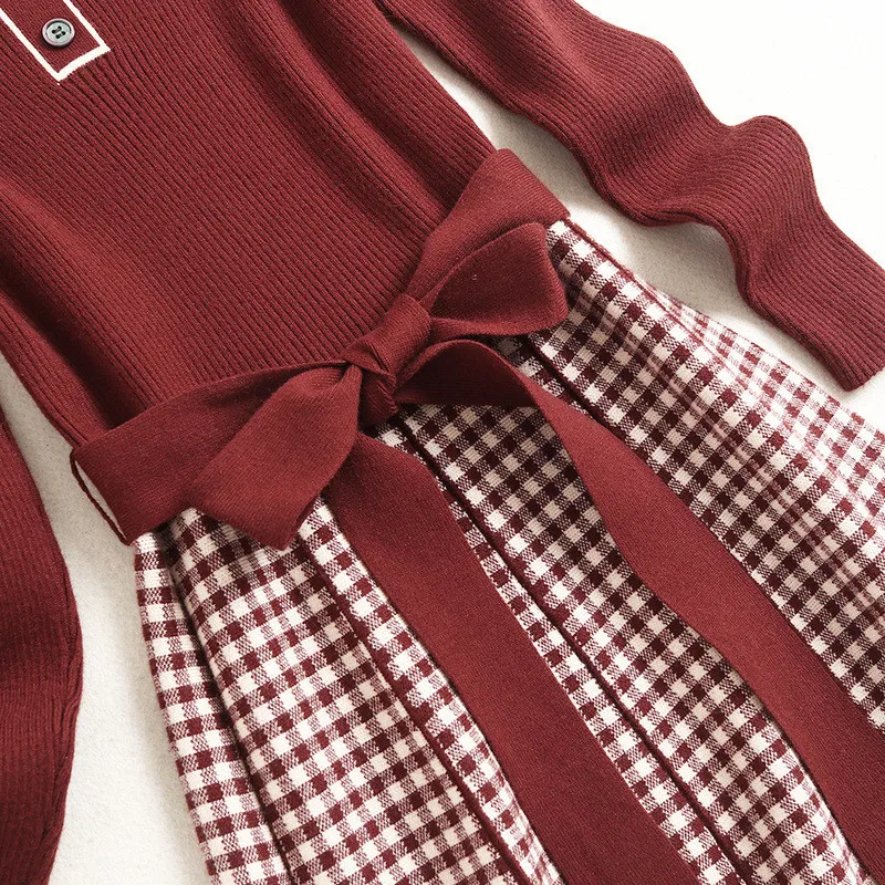 

Europe Fashion Autumn Winter Long Sleeve Plaid Lace Up Casual Knee Length Knit Sweater Dress Women Clothes 2020 Female Vestidos