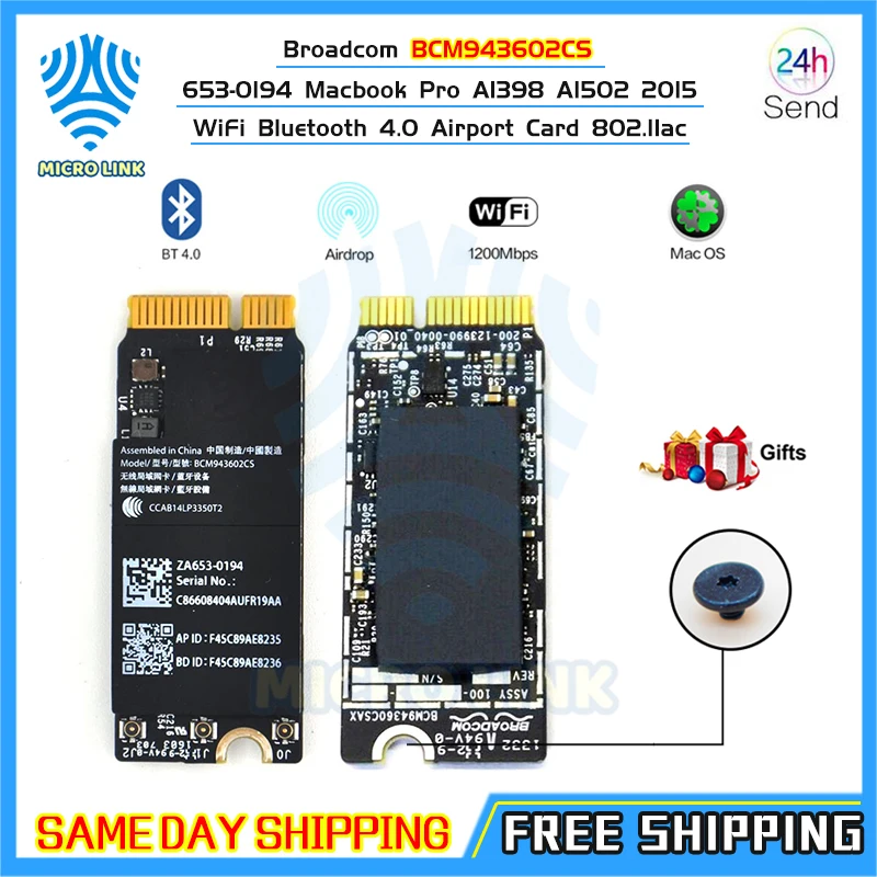 Wi Fi карта Broadcom BCM943602CS для Macbook Pro Retina 13 дюймов A1398 A1425 A1502 2015 653 0194|wifi airport card|airport cardwifi