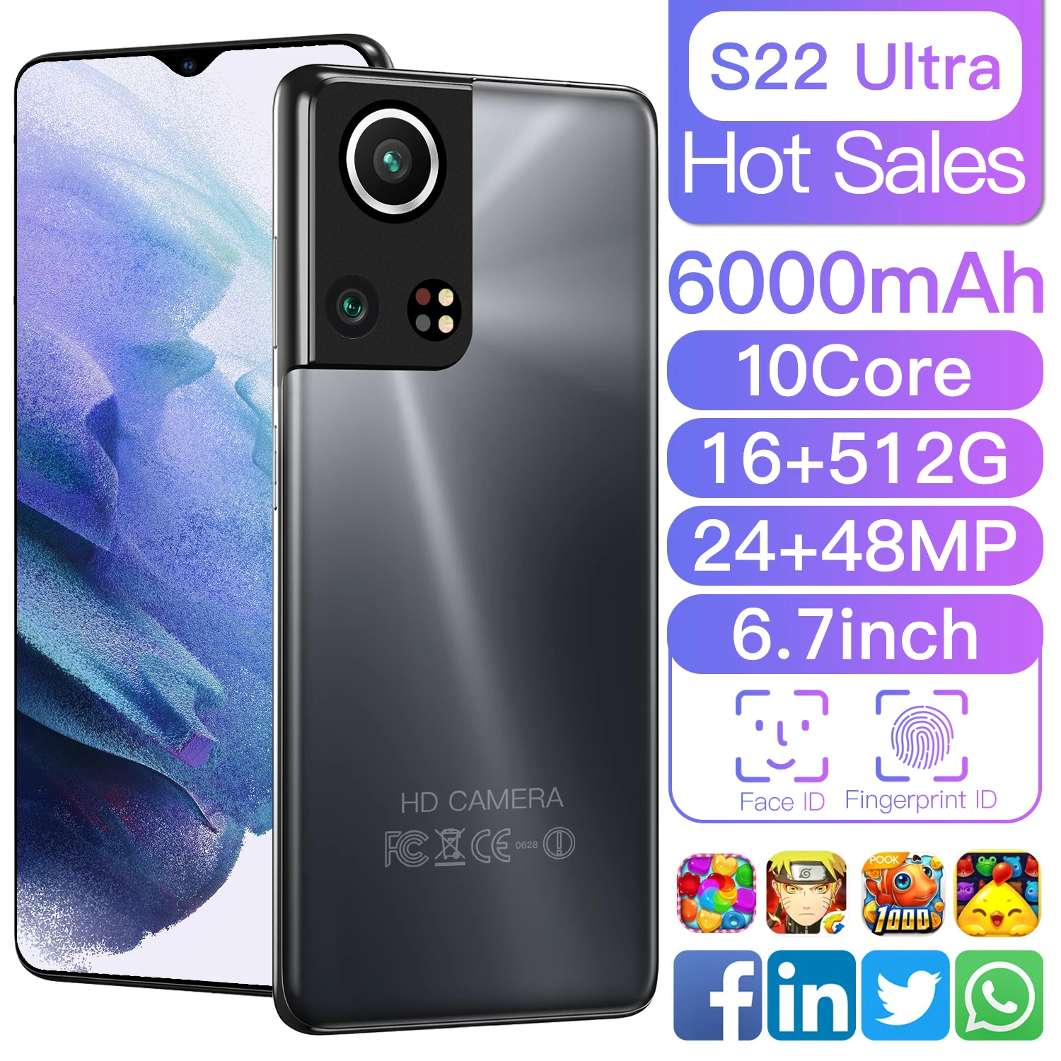 

Galxy S22 Ultra 16+512GB Fingerprint Face ID 6000mAh 24+48MP Smart Phone 5G Network 6.7 Inch MT6989 10 Core Mobilephones Celular