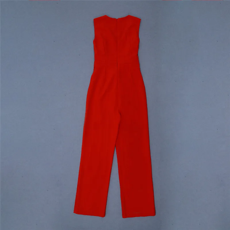 Красный сексуальный v-образный вырез без рукавов Комбинезоны однотонные женские