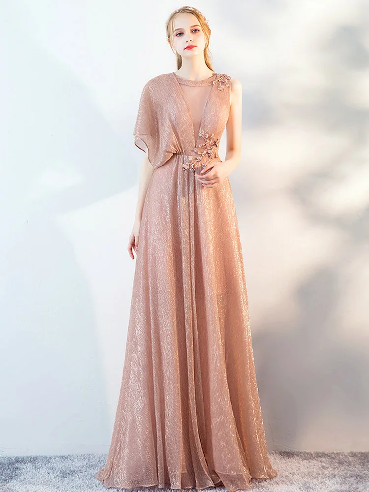 as picture It's Yiya платье для выпускного вечера с круглым вырезом и коротким рукавом, платье в пол с аппликацией, простое платье трапециевидной формы для женщин, Платья для вечеринок V079 - Цвет: as picture