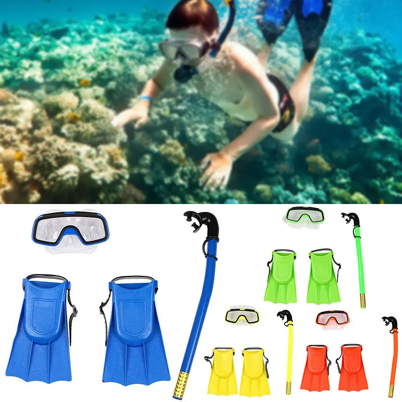 

Professional Children Silicone Diving Snorkel Fins Masks Set Anti-Fog Safe Swimming Goggles Kids Underwater Scuba Breathing Tube