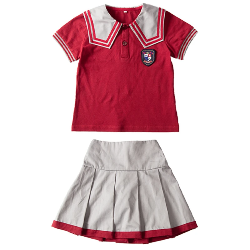 

Kids School Uniform Summer New Japanese College Style Navy Neck Red Short Sleeve Sets Pure Cotton Soft Thin Fashion Suits 2021
