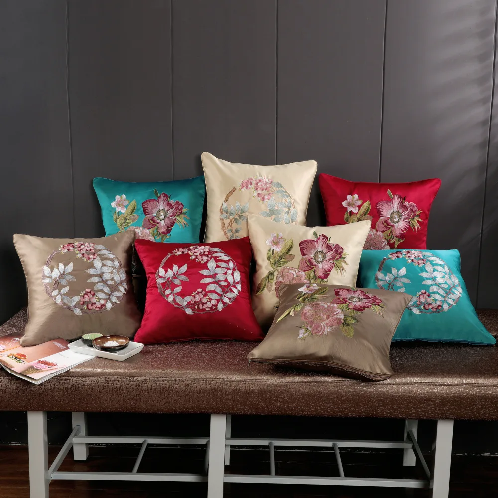 Атлас Вышивка Узор цветы пиона Подушка Cojines Decorativos Para диван Новый год домашние