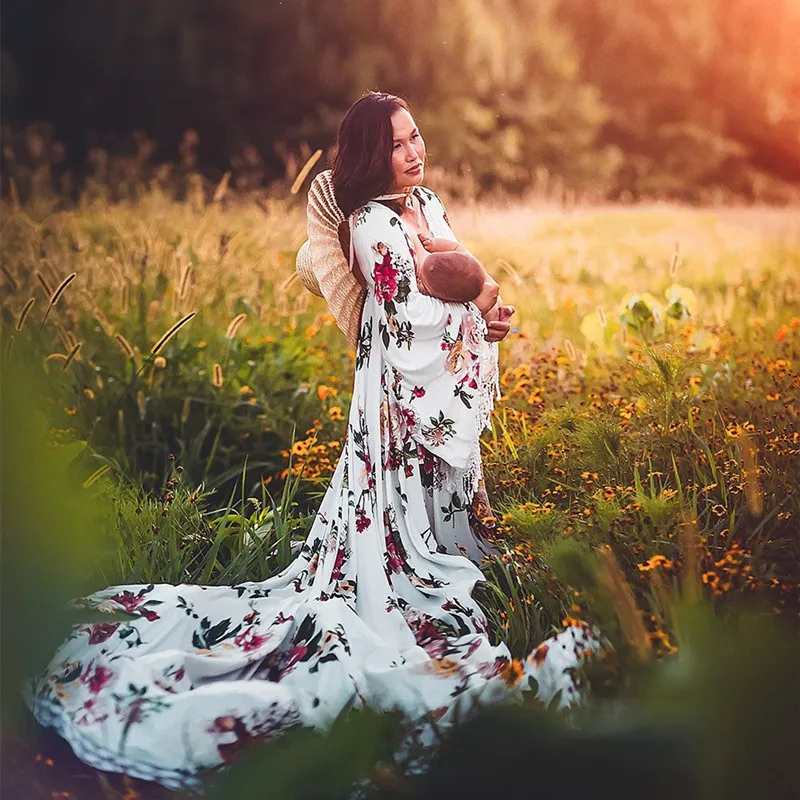Boho Floral Print Maternity Photography Dress Sides Slit Print Bohemian Pregnant Woman Long Dresses For Photo Shoot