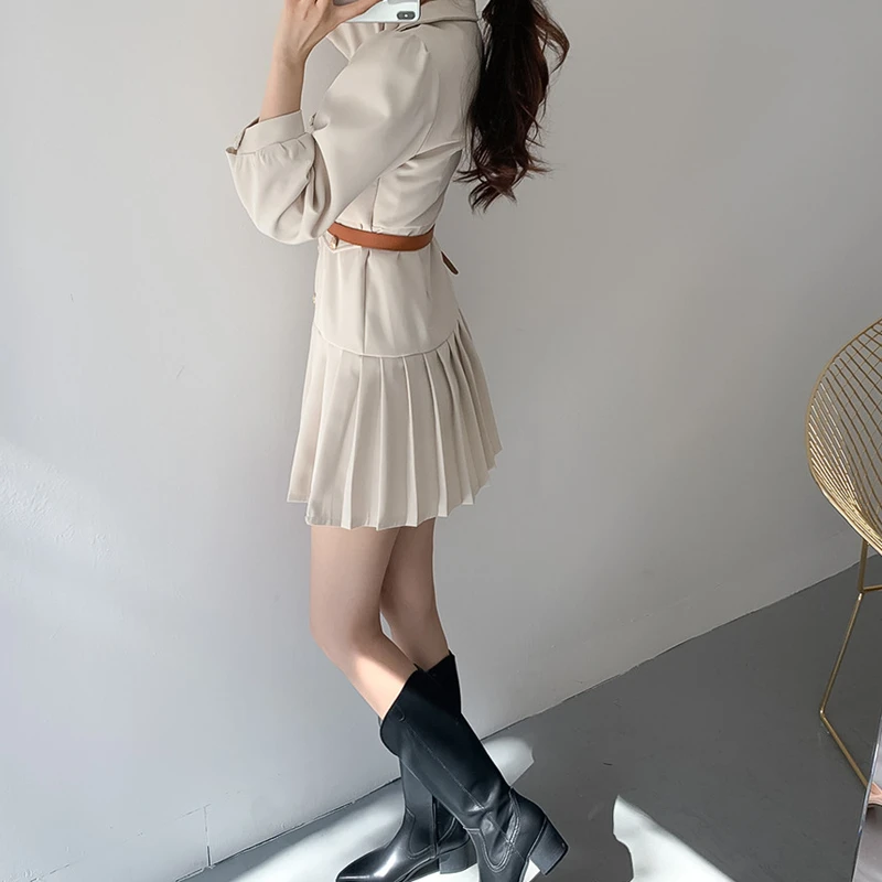 

New 2021 Autumn Winter Women Dresses Vintage Buttons With Belt Korean Style Elegant Pleated Lady Mini Dress