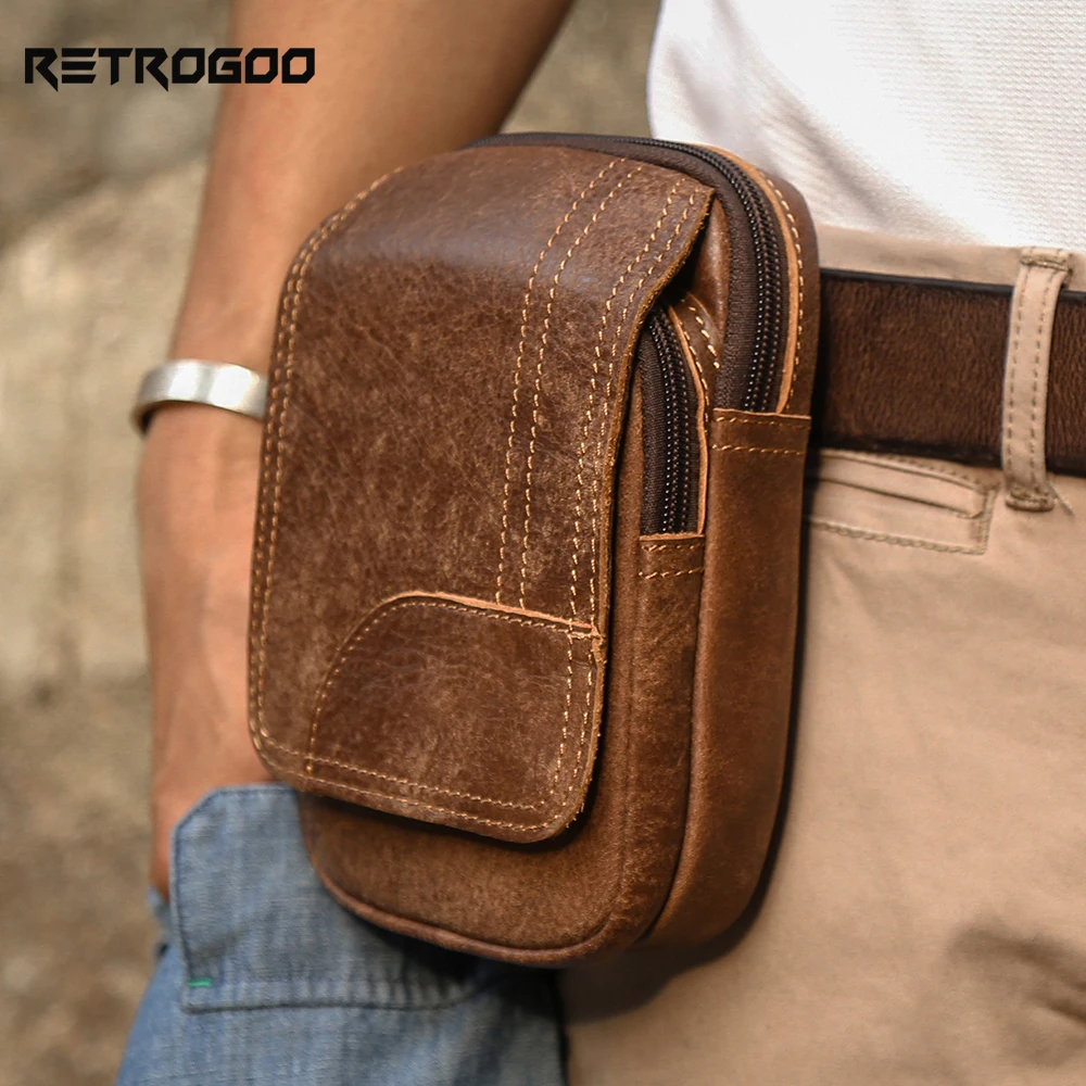 

RETROGOO Genuine Leather Men's Waist Pack Male Vintage Belt Bag Luxury Cowhide Leather Cigarette Case Bum Bag Casual Waist Packs