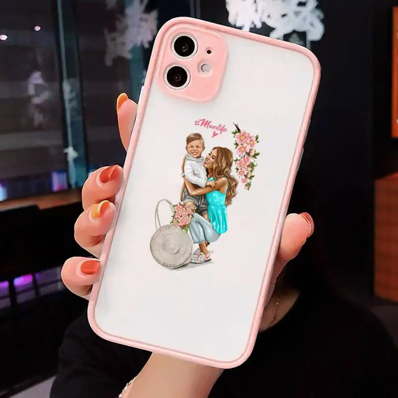 

Phone Case For iPhone 12 11 Mini Pro XR XS Max 7 8 Plus X Mom and baby-1 Matte transparent Pink Cover