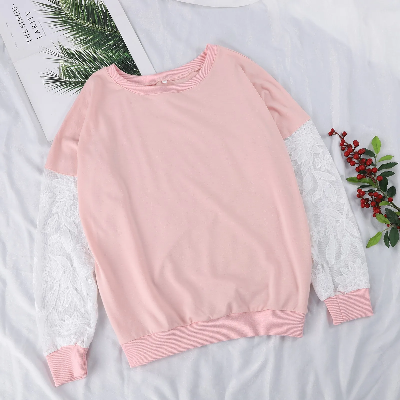 

Kawaii Clothes Japan Harajuku Solid Color Sexy One Shoulder Sweater Cuffs Stitching Lace Embroidery Lace Hem Slits Sweatshirt