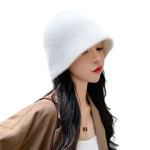Sparsil Autumn Bucket Hat Woman Winter Warm Imitation Minkcashmere Panama Caps Solid Ear Protection Fisherman Beanies Hats