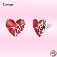 bamoer fashion spider web stud earrings 925 sterling silver red heart shaped ladies earrings classic wedding jewelry gxe1198