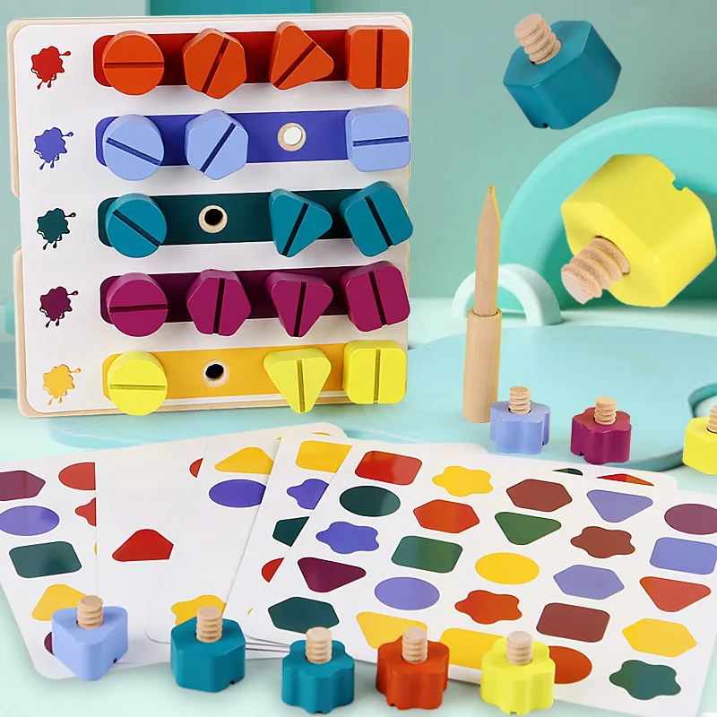 Wooden Shape Nut Color Cognition Matching Screw Screw Game Puzzle Early Education Disassembly Assembly Toy 