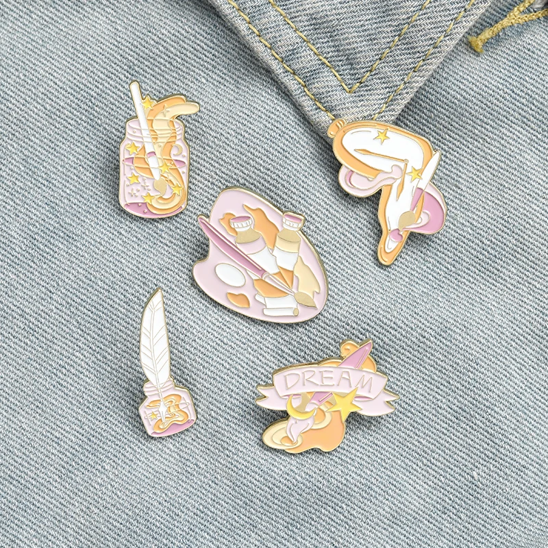 Эмалированная брошь Dream brush розовая фиолетовая романтическая бижутерия булавка