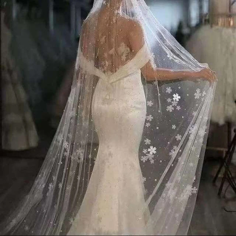 

Pearls Beaded Long Bridal Veils Wedding Handmade Flowers One Layer Wedding Veil 3 M Length Cathedral Wedding Veil