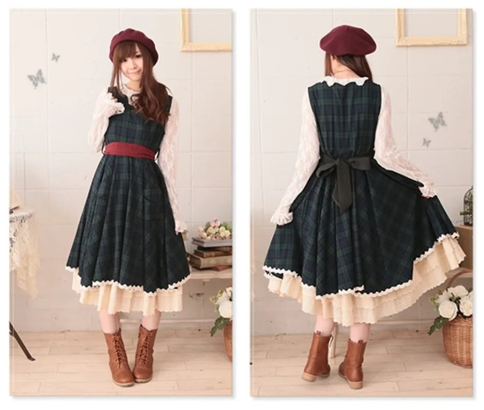 

Vintage British Style Green Plaid Tank Dress Sweet Mori Girl Wave V-Neck Lace Casual Tank Dresses For Plus Size Women Vestidos