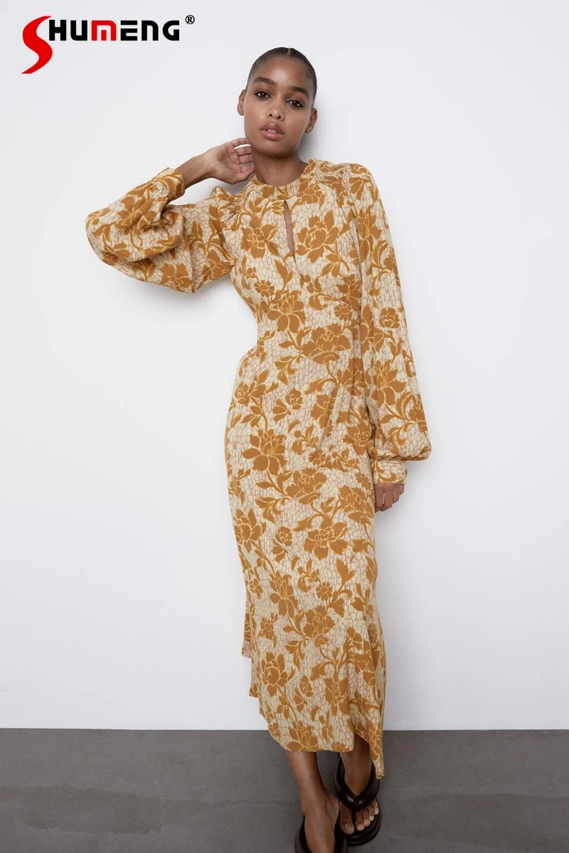 

Женское Повседневное платье средней длины, желтое длинное платье с длинным рукавом и цветочным принтом в европейском стиле, весна 2021