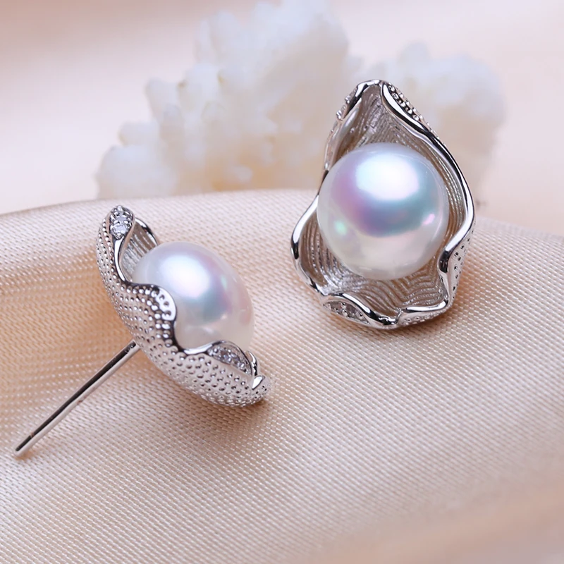 Женские серьги гвоздики из серебра 925 пробы с натуральным пресноводным