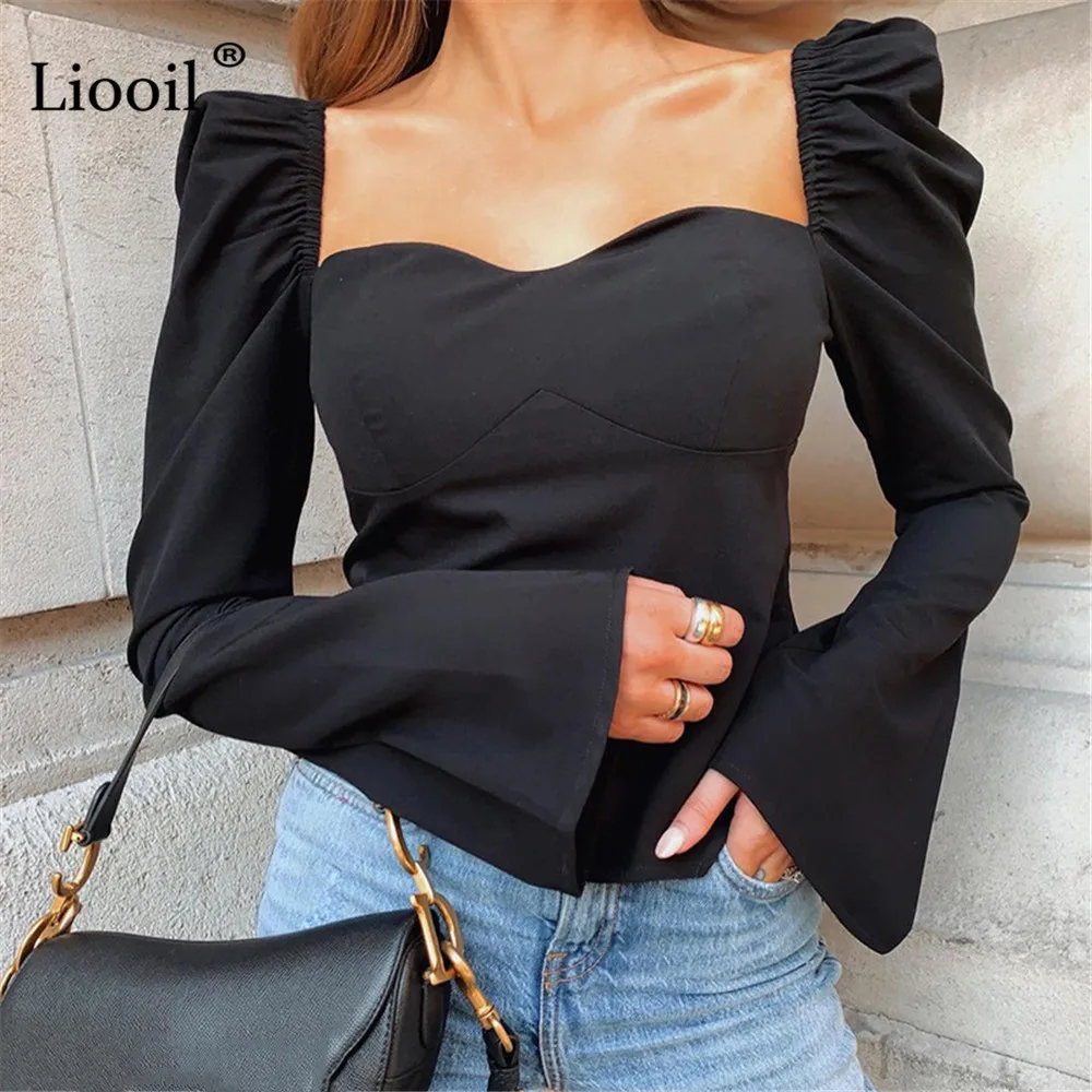 

Liooil Sexy Bodycon Tops Women Clothes New 2021 Autumn Streetwear Puff Flare Sleeve Square Collar Black Red Apricot Stretch Tops